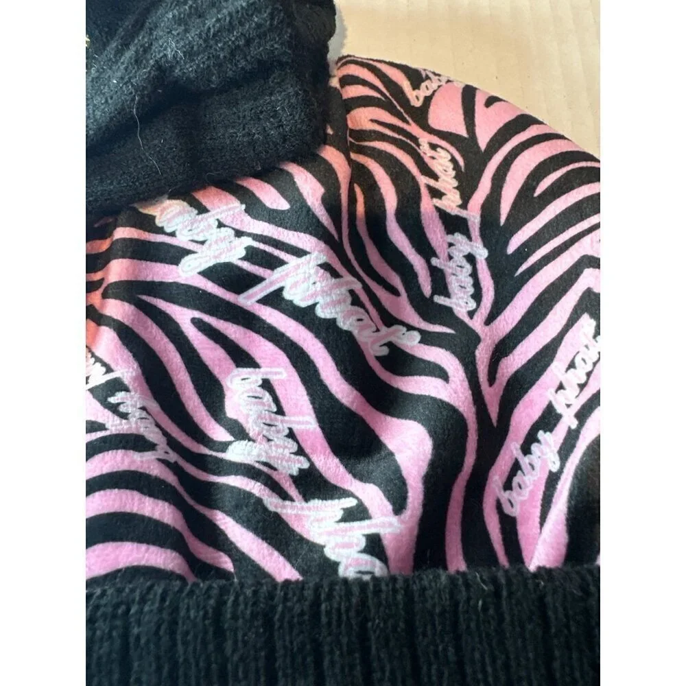 Baby Phat Girls’ Winter Hat & Gloves Set Pink Black Gold Logo Y2K Streetwear NWT